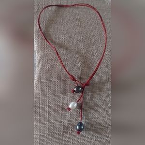 Brand New Handmade Peacock & White Pearl & Red Leather 2-Way Necklace